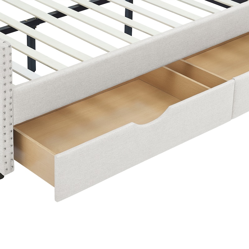 Mid-Century Linen Upholstered Daybed Platform Bed Frame with Storage Drawers, Button Tufted Back and Nailhead Trim Arms