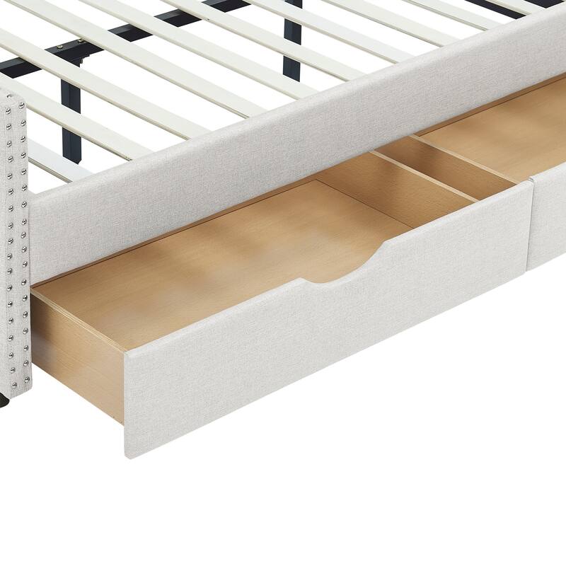 Tufted Button Daybed with 2 Storage Drawers/Upholstered Sofa Bed Frame w/Copper Nail on Waved Shape Armrests/No Spring Box Need