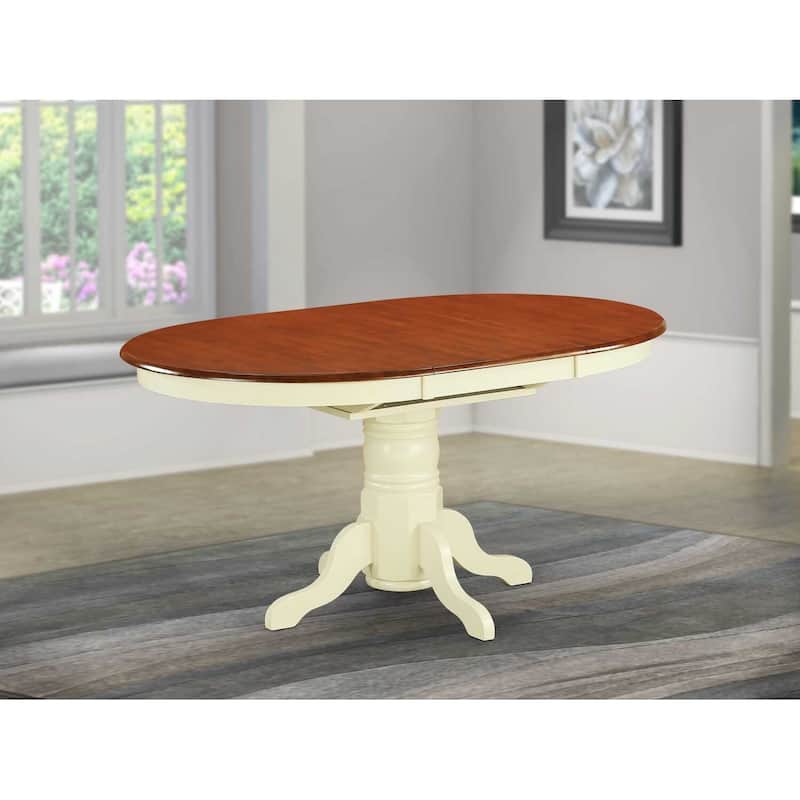 Oval Wooden Dining Table with 42x60 Inch Butterfly Leaf Top and Pedestal Base in Buttermilk and Cherry Finish