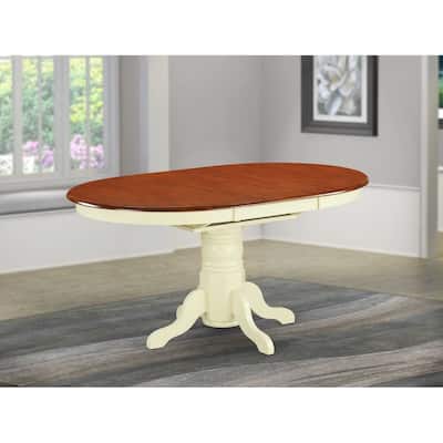 Oval Wooden Dining Table with 42x60 Inch Butterfly Leaf Top and Pedestal Base in Buttermilk and Cherry Finish