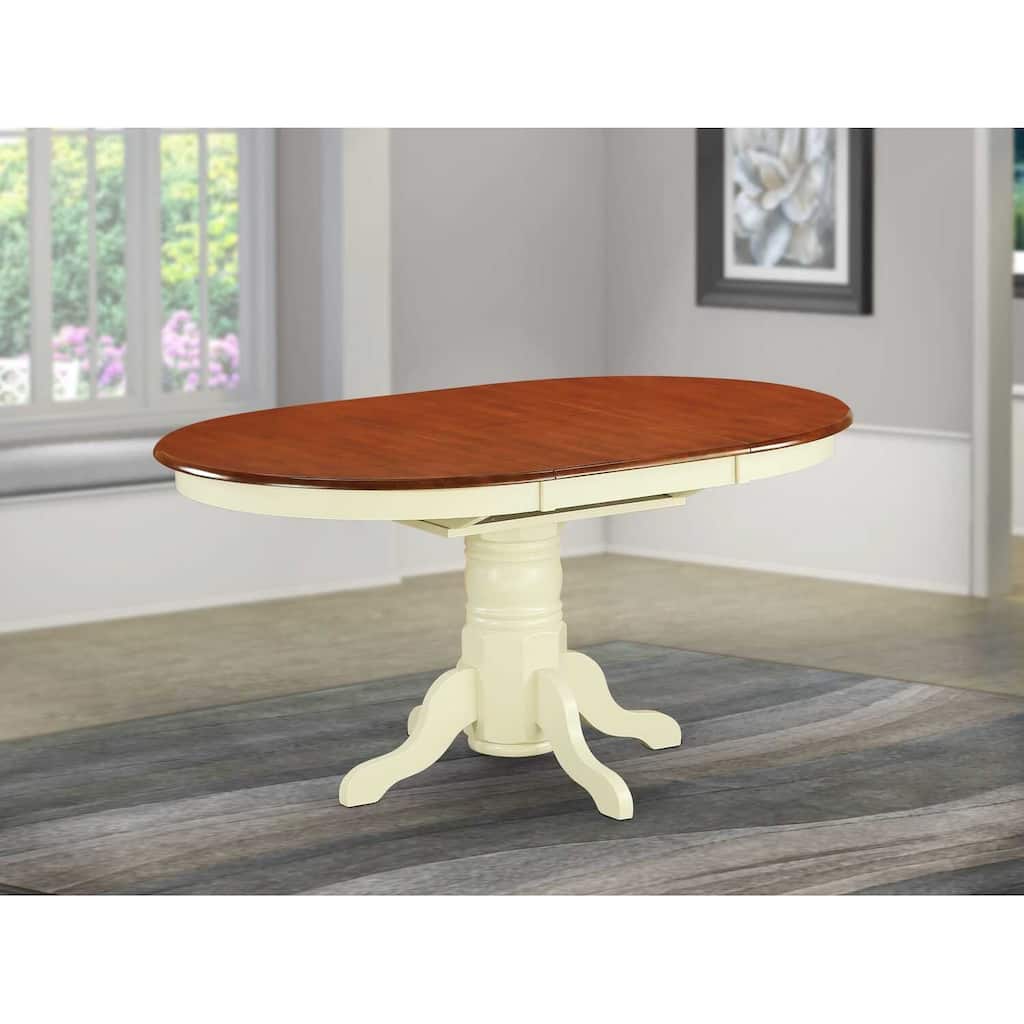 Oval Wooden Dining Table with 42x60 Inch Butterfly Leaf Top and Pedestal Base in Buttermilk and Cherry Finish