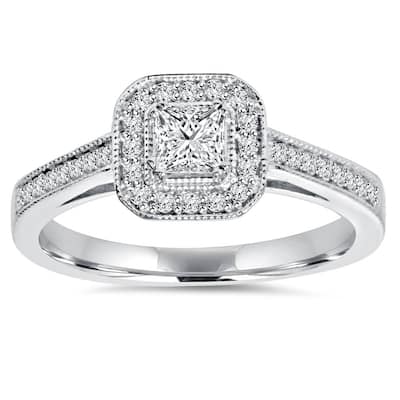 5/8ct Princess Cut Diamond Halo Engagement Ring White Gold