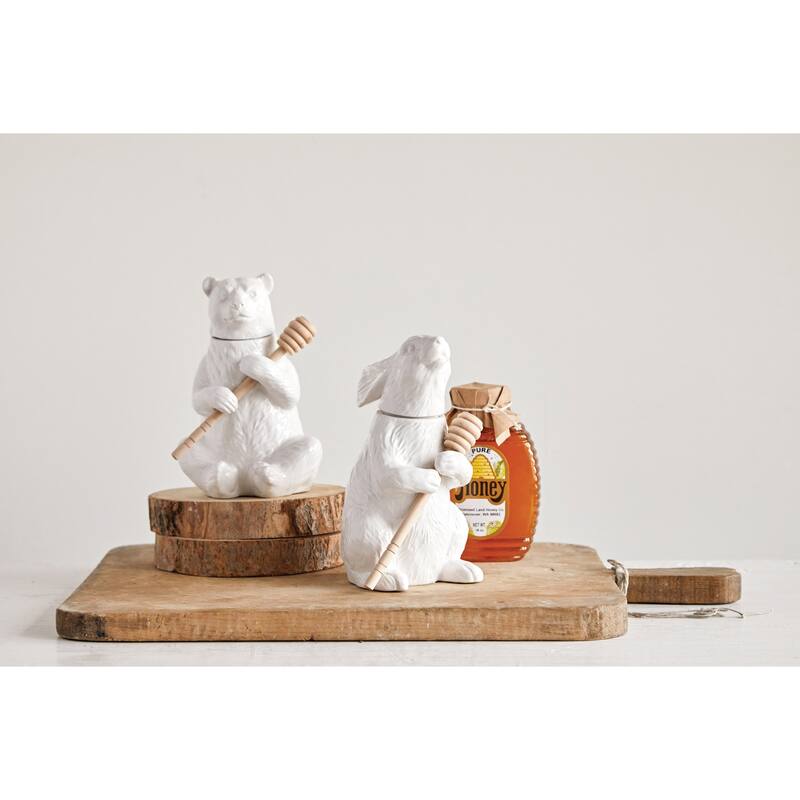 White Bear Shaped Honey Pot with Lid & Bamboo Dipper (Set of 2 Pieces)