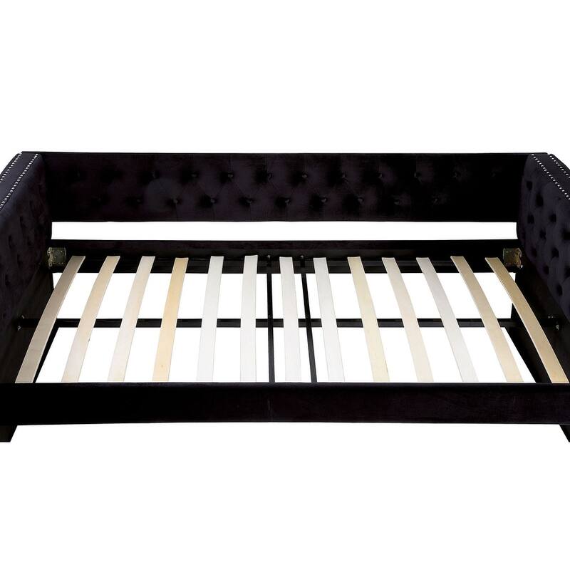 Tuxedo Design Daybed with Trundle, Button Tufted Upholstery and Nailhead Trim, Black