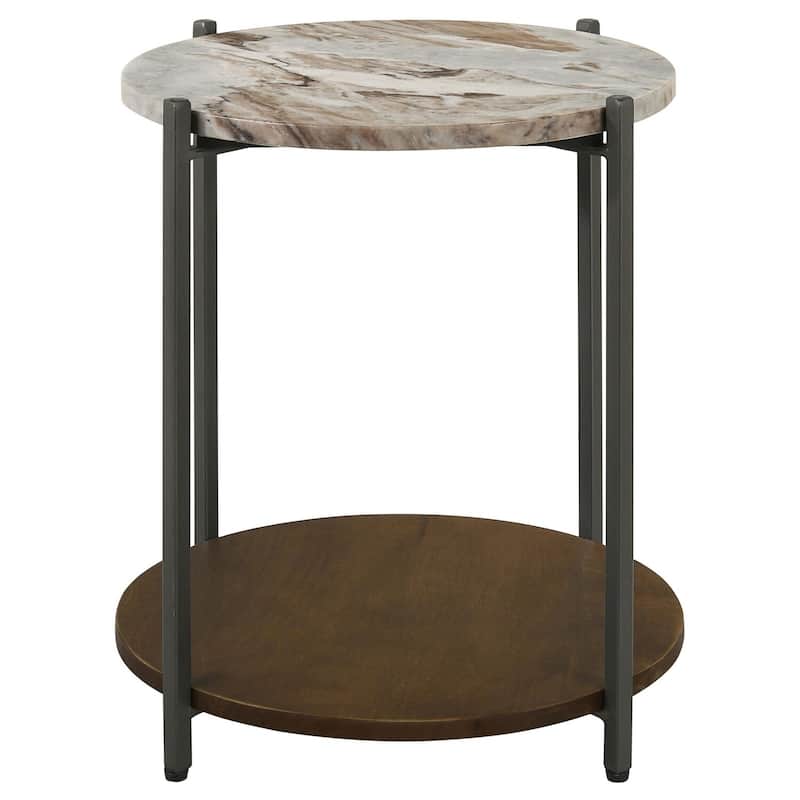 17.5 in. Gunmetal and Brown Round Faux Marble End Table, Sturdy Build End Side Table for Living Rooms