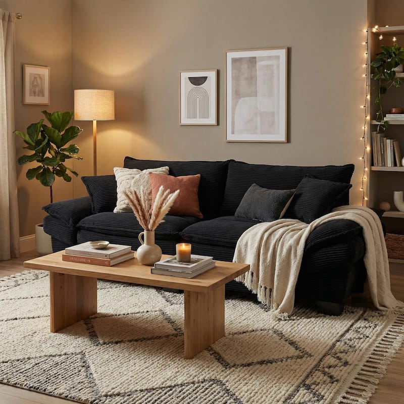 HOMYLIN 84" Black Corduroy Loveseat Sofa, 2 Seat Upholstered Couch - Black