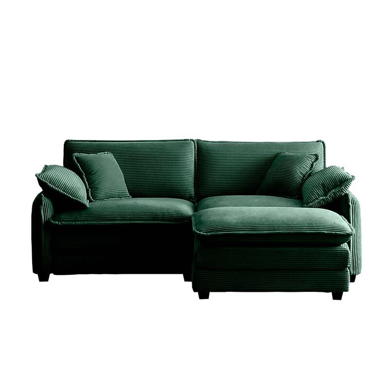 Green 3-piece Corduroy Upholstered L-Shaped Modular Sectional Sofa with Removable Ottoman, 4 Pillows, and Free Combination