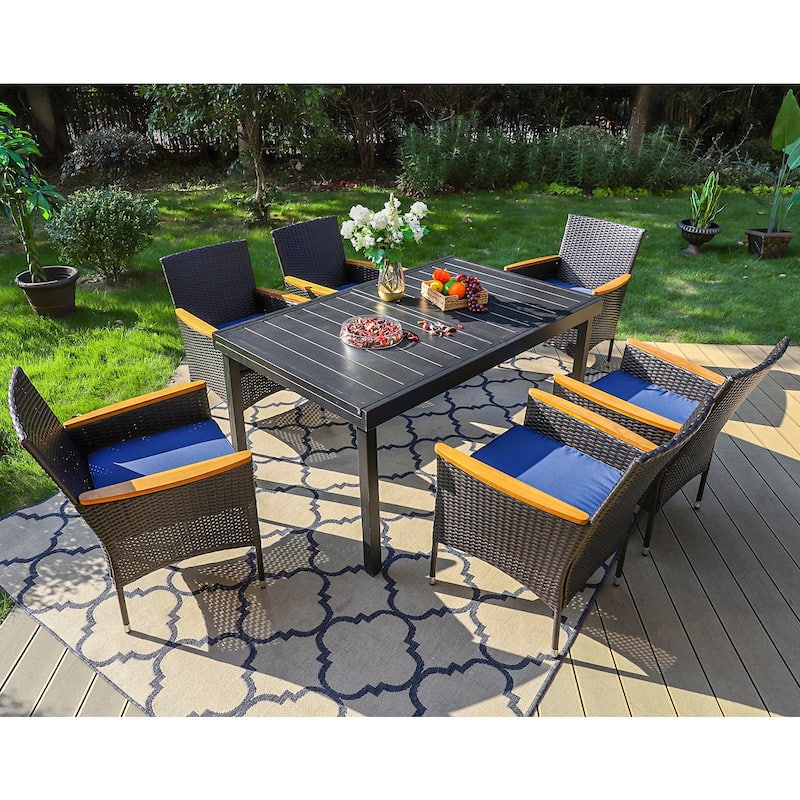 7/9 Patio Dining Set, Expendable Rectangular Outdoor Dining Table with Rattan Chairs - Wooden Armrest Crescent Chair
