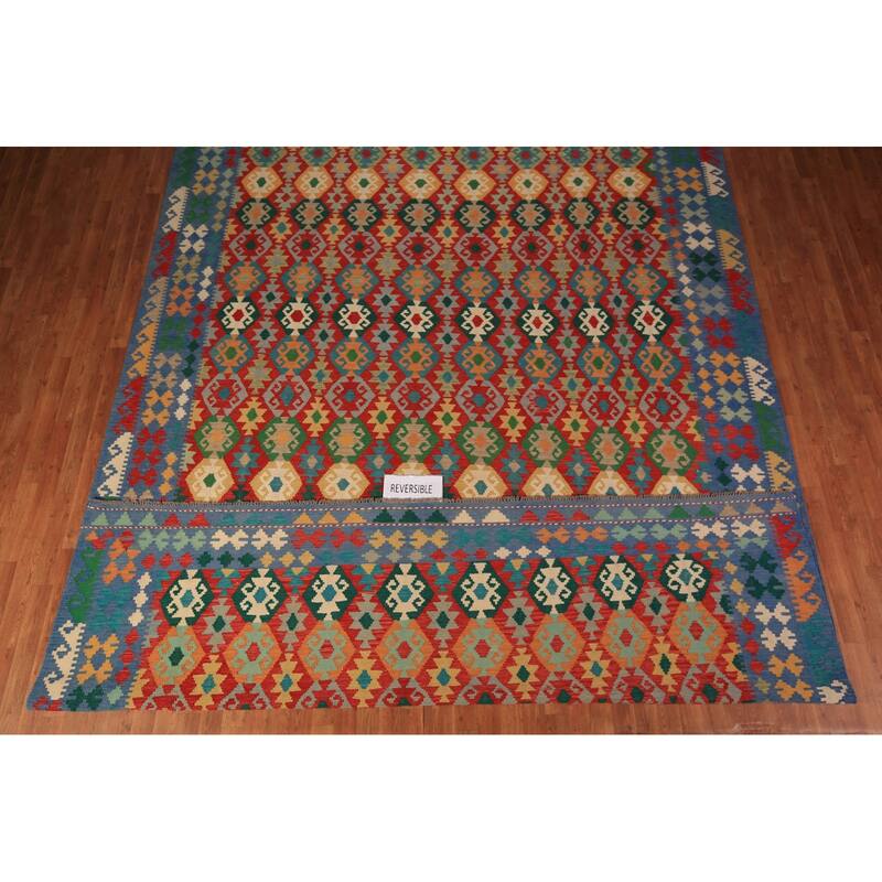 Geometric Kilim Large Rug Hand-Woven Oriental Wool Carpet - 10'2" x 16'1"
