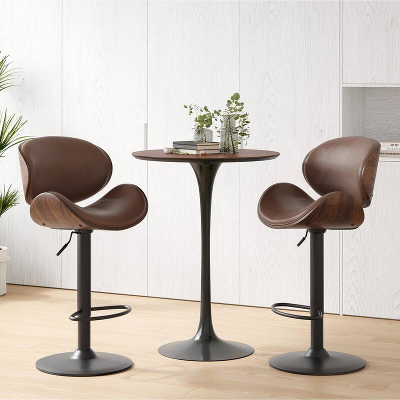 Swivel Bar Stools Set of 2, Adjustable Height Bentwood Barstools with PU Leather Upholstered Seat, Backrest and Footrest