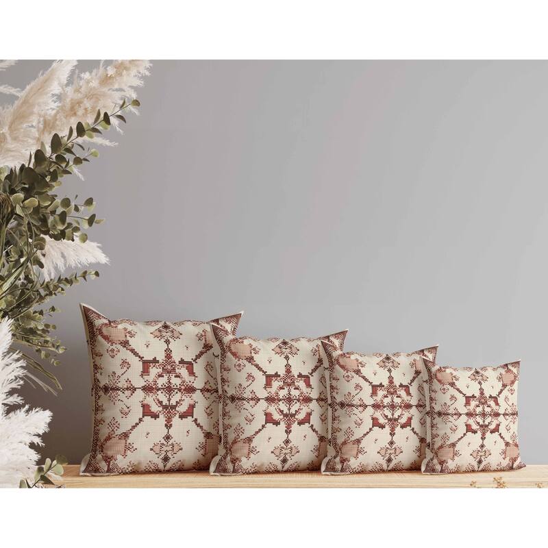 Gridded Blossom Indoor/Outdoor Reversible Throw Pillow Beige and Brown