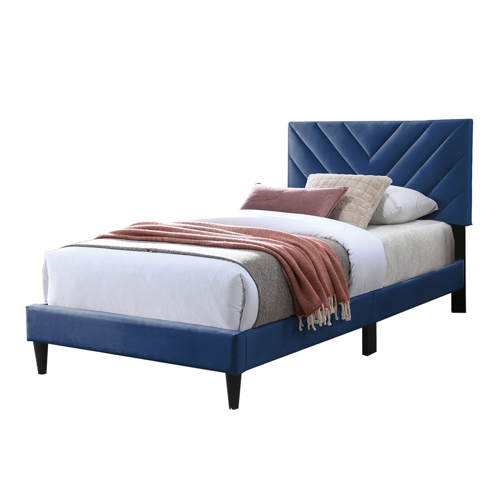 Velvet Upholstered Adjustable Headboard Full Bed with V-stitching Design