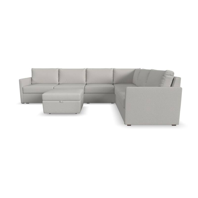 Flex Taupe Fabric 6-Seat Sectional with Narrow Arm and Storage Ottoman - 132" x 35" x 102"