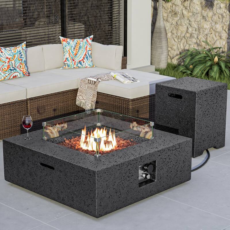 COSIEST Square Patio Fire Table With Tank Cover, Glass Wind Guard - Stone Grey