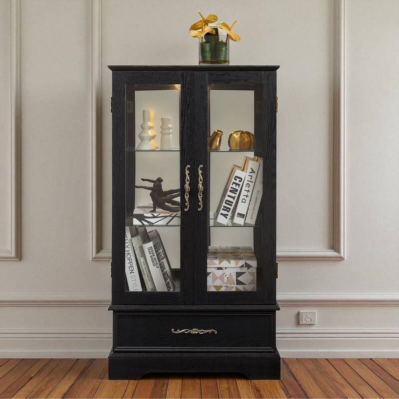 Lighted Glass Curio Cabinet with Adjustable Shelves, 2-Door Display Cabinet with Drawer and Built-in Bulb, Retro Accent Storage - Black