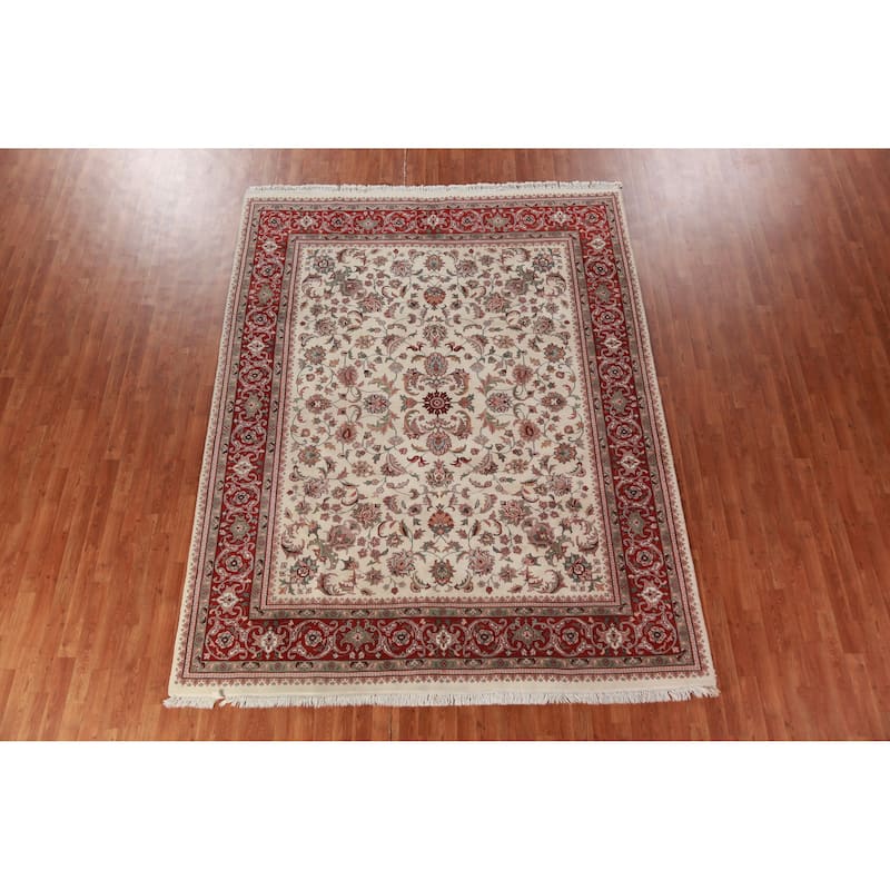 Ivory Floral Kashan Oriental Area Rug Hand-Knotted Wool Carpet - 7'10"x 10'1"