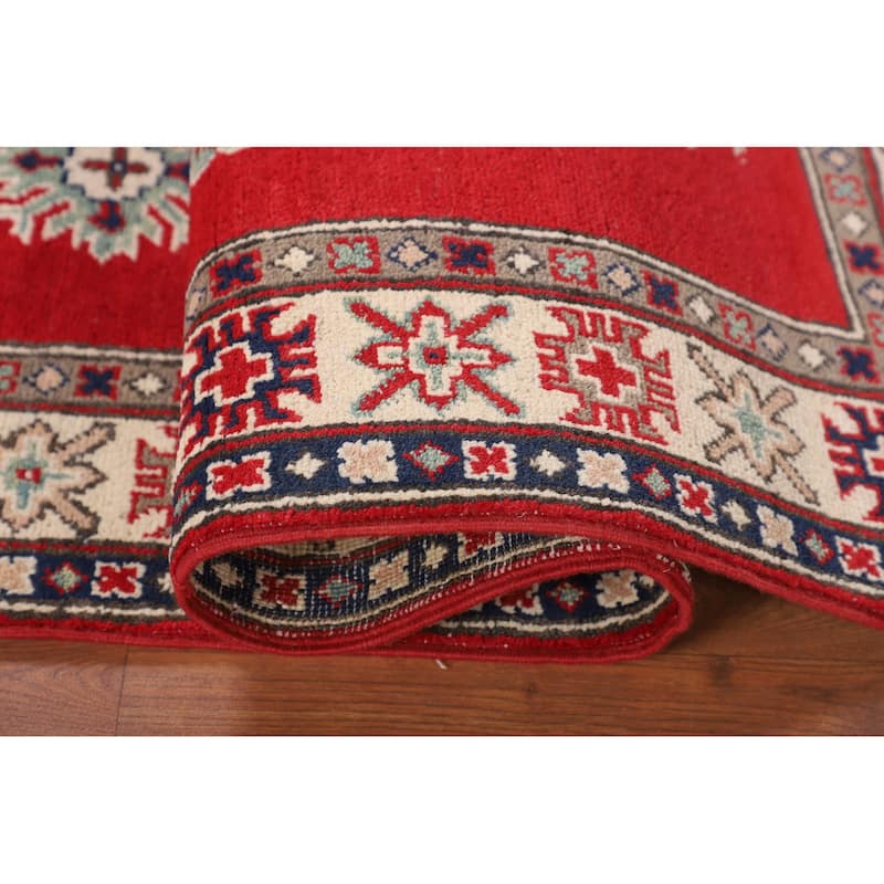 Kazak Accent Rug Hand-Knotted Red Geometric Wool Carpet - 3'4" x 5'0"