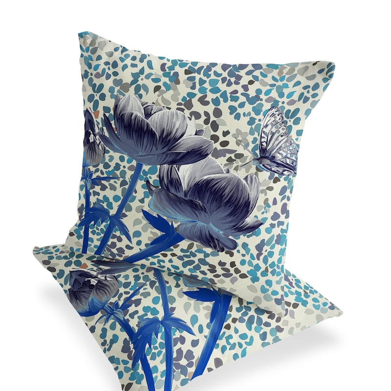 HomeRoots Set of Two 16" X 16" Blue and Gray Butterfly Blown Seam Floral Indoor Outdoor Throw Pillow - 16.00' X '16.00' X '5.00