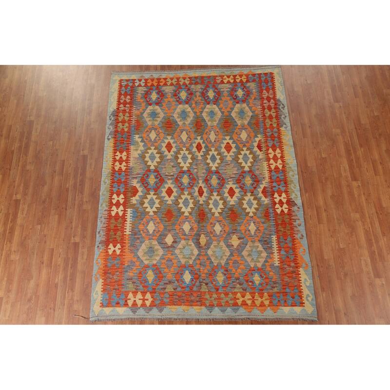 Hand Woven Oriental 100% Wool Carpet Southwestern Geometric Multi-Colored Kilim Area Rug - 9' 5'' X 6' 9''