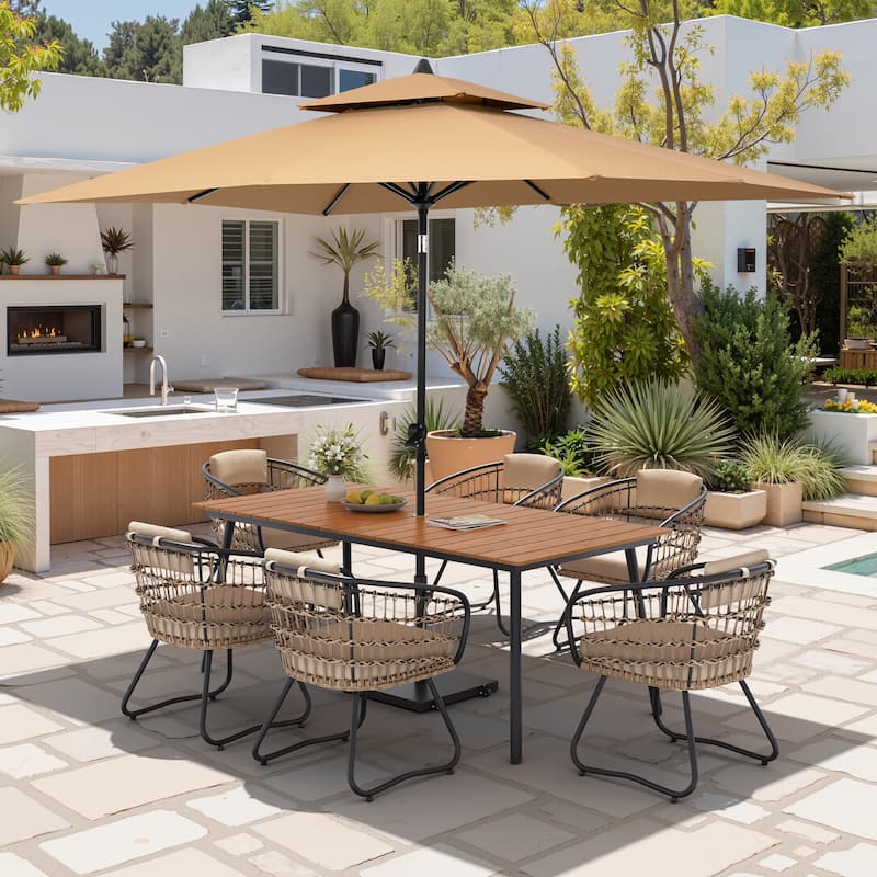 9PC Outdoor Patio Dining Set Aluminum Table with Rattan Chairs w/ Premium Market Umbrella Sets - BrownTable&BeigeChairs&TanUmbrella
