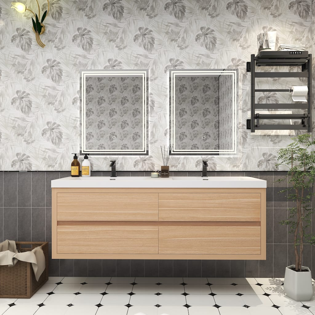 Modern 60" Floating Double Bathroom Vanity in White Oak with Integrated Acrylic Sinks and Soft-Close Storage (Louis Collection)