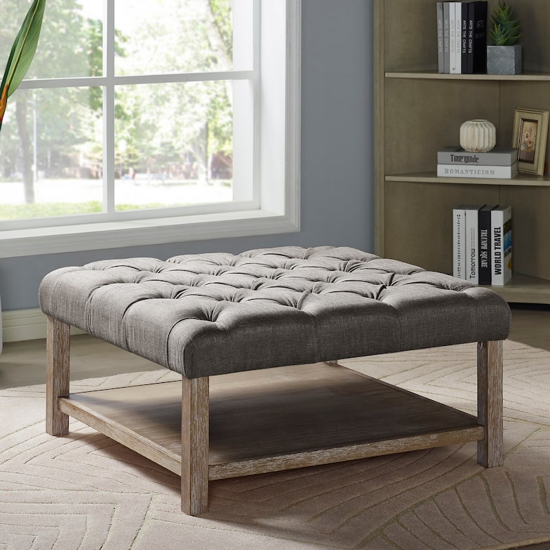 Augustin Farmhouse Square Fabric Storage Tufted Cocktail Ottoman by Furniture of America - Light Grey