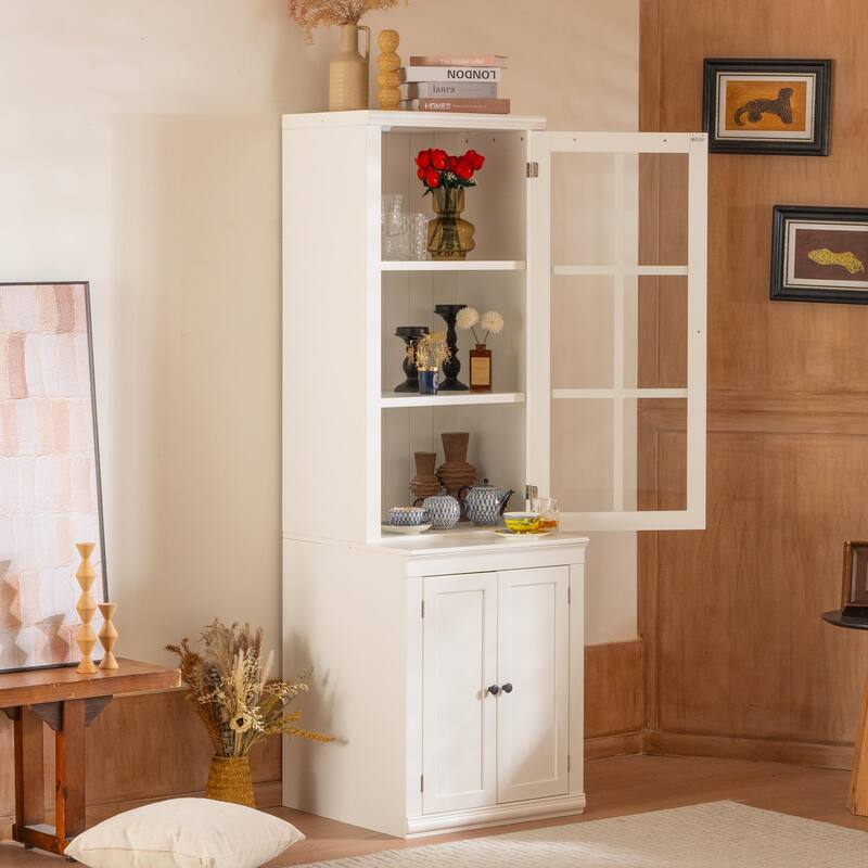 Pantry Cabinet with Glass Door & Lattice Window, Display Cabinets with Storage, Buffet with Adjustable Shelves