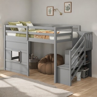 Twin Size Loft Kids Bed Frame with Storage Staircase and Window, Safety Guaranteed, Grey