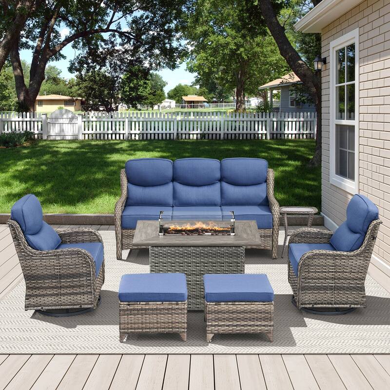 Meyreso 7-Piece Wicker Outdoor Patio Fire Pit Conversation Set with 6-Inch Thick Cushions - 7-Piece - Gray/Navy Blue
