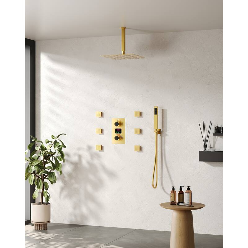 Pressure-Balanced Rainfall Shower System with LCD Display, 12" Ceiling Mount Shower Faucet Set with Body Jets