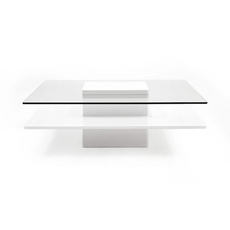 Cid Cobi Coffee Table, 39 Inch Square Clear Glass Top, White Veneer Base