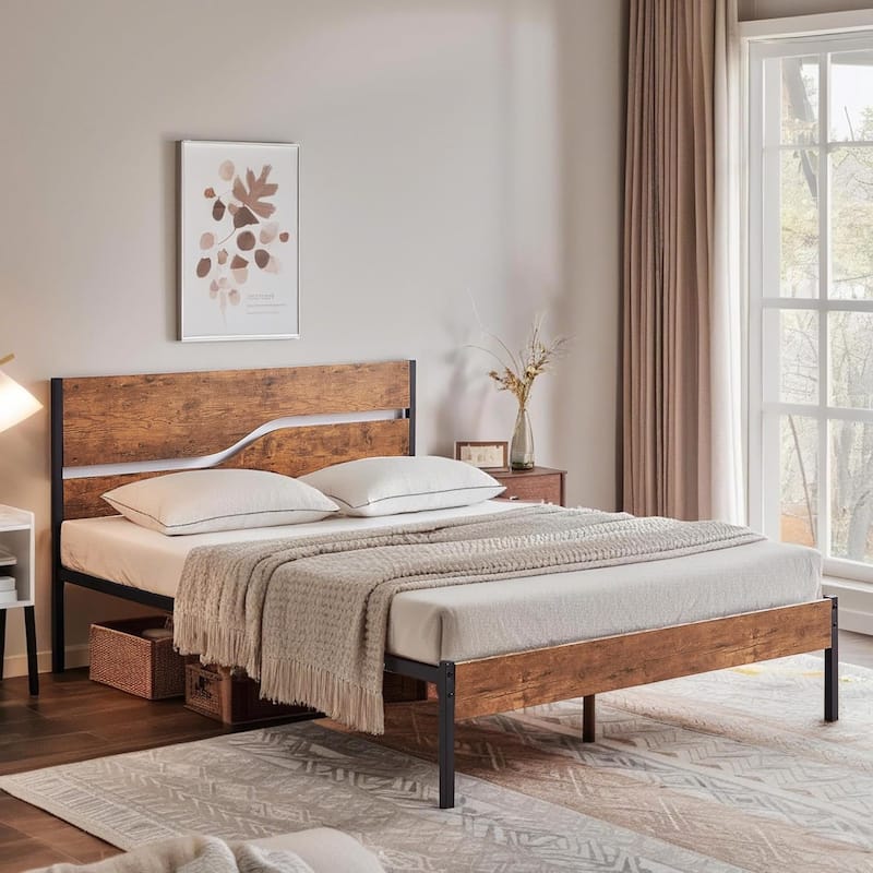 VECELO Beds Industrial Platform Bed Frame with Wood Headboard,Easy Set up