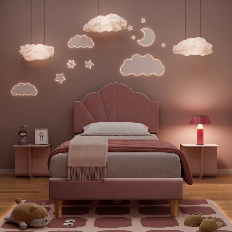 Velvet Upholstered Twin Platform Bed Frame, with Height Adjustable Headboard