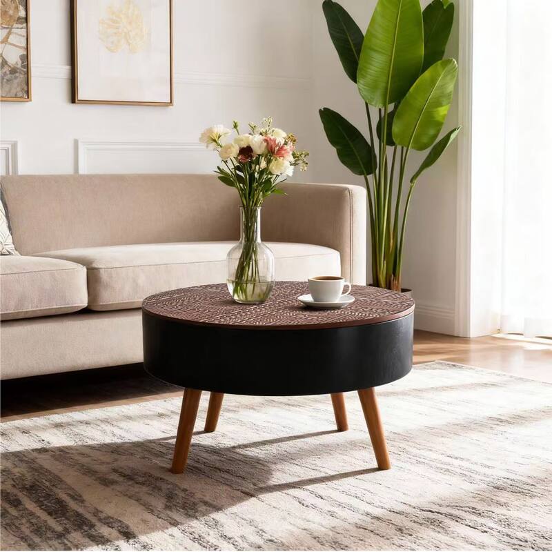 GDFStudio Veyrion Carved Round Coffee Table with Storage and Mid-Century Modern Design