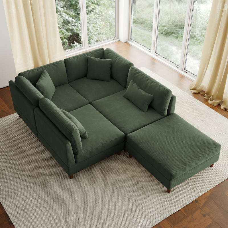 5-Piece Modern Comfy Corduroy Modular Sectional Sofa with Ottoman