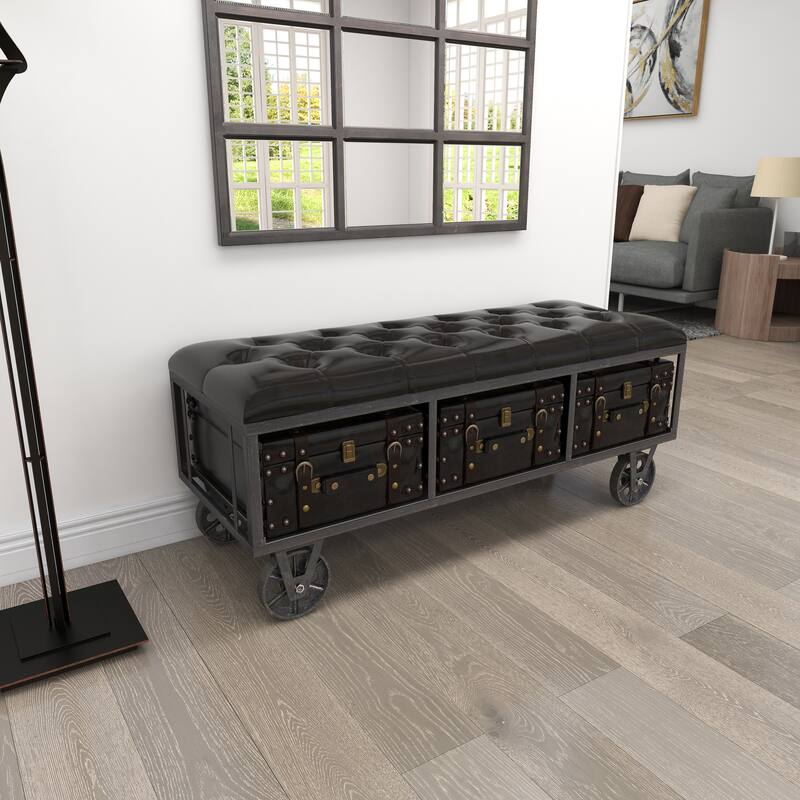 Black Faux Leather Tufted Upholstered 3 Trunk Storage Bench with Industrial Wheels and Gold Studded Accents