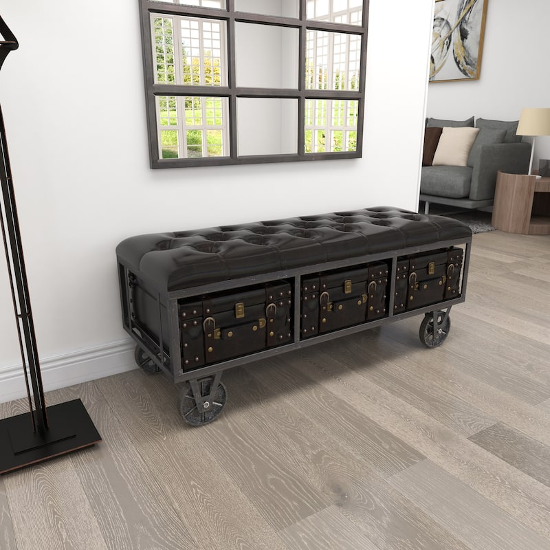 Faux Leather Tufted Upholstered 3 Trunk Room Storage Bench with Industrial Wheels and Gold Accents - Black - Roche River Decor