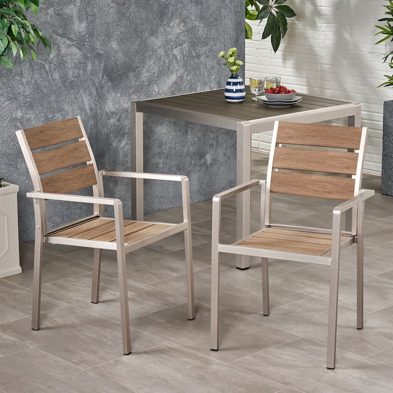 Roomfitters Outdoor Modern Aluminum Dining Chairs with Faux Wood Seat, Set of 2 in Natural and Silver