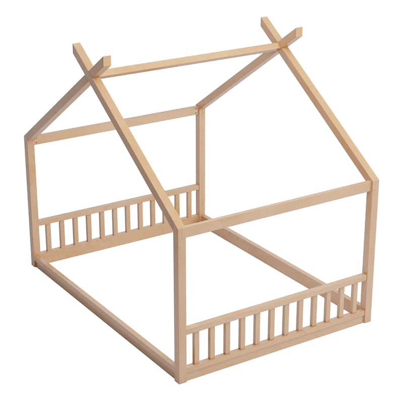 Montessori House-shape Bed Frame for Kids Toddler Floor Bed with Fence Headboard Footboard, Low Wooden Tent Bed Without Slats