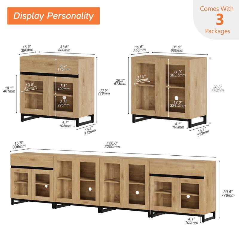 4 in 1 Multifunctional Sideboard Buffet with Glass Doors & 5 Drawers, Modern Credenza with Adjustable Shelf and Metal Base