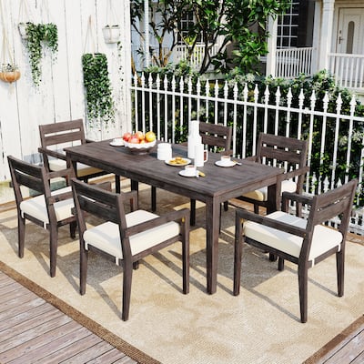 7-Piece Outdoor Patio Dining Set with 6 Armrest Chairs Acacia Wood Outdoor Dining Table and Chairs Set for Patio