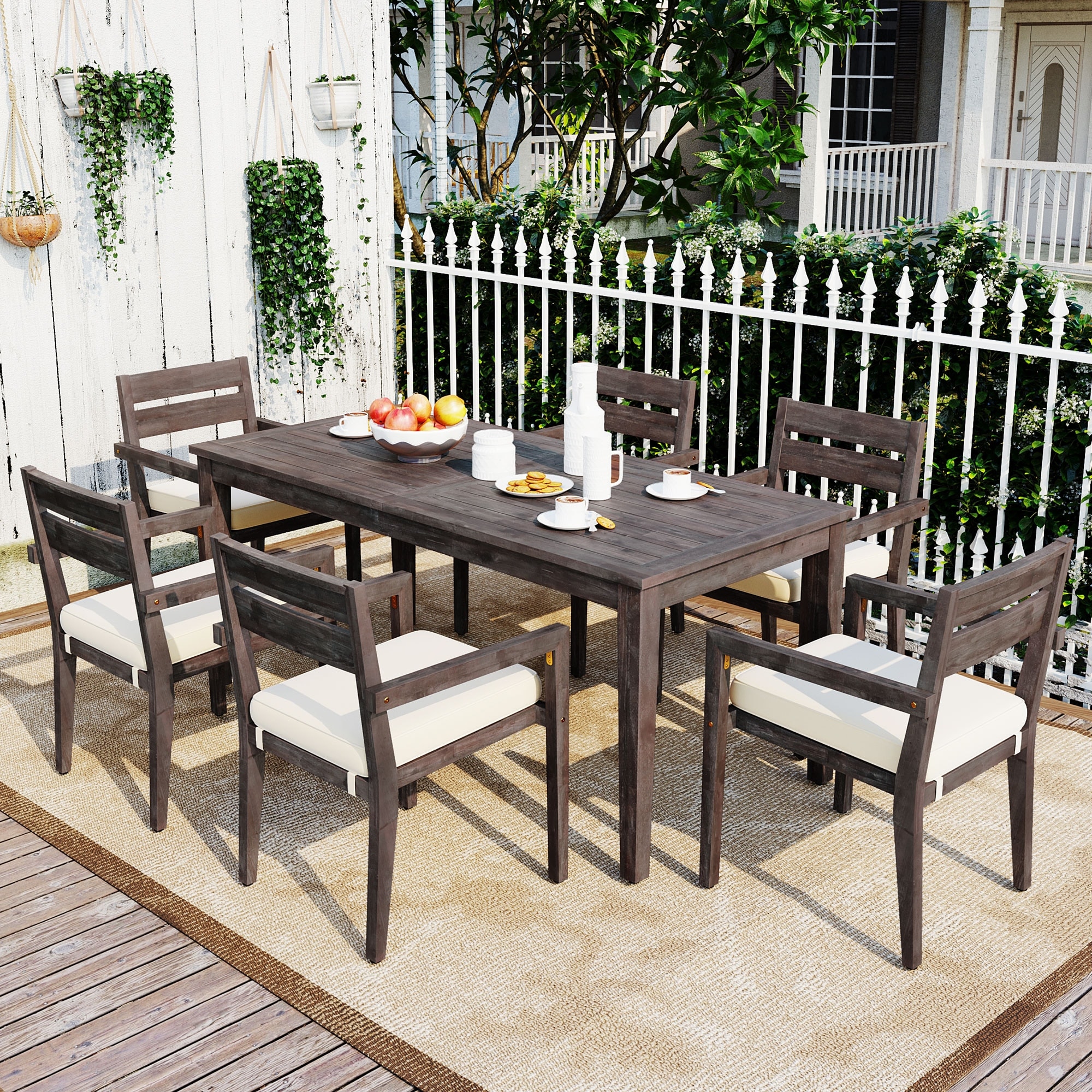 7 Pieces Acacia Wood Outdoor Dining Set with Cushions,Modern 6 Chairs and 1 Large Table, Dining Furniture Set