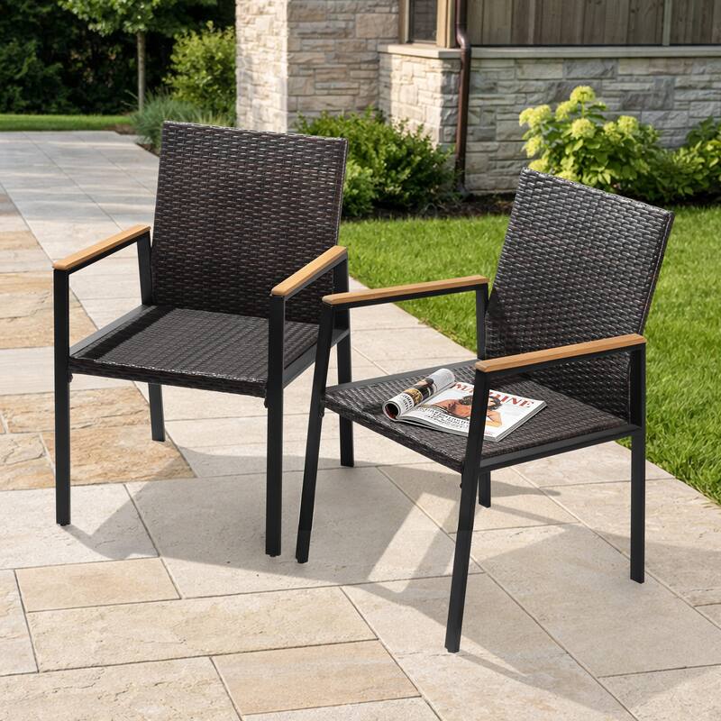 All Weather Wicker Patio Chairs Set of 2, Acacia Wood Armrests