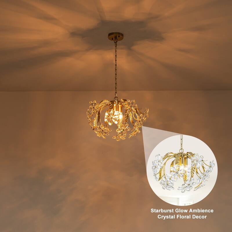 Brushed Gold 4-Light Branch Chandelier with Crystal Floral Accents - Dia.17.72-in