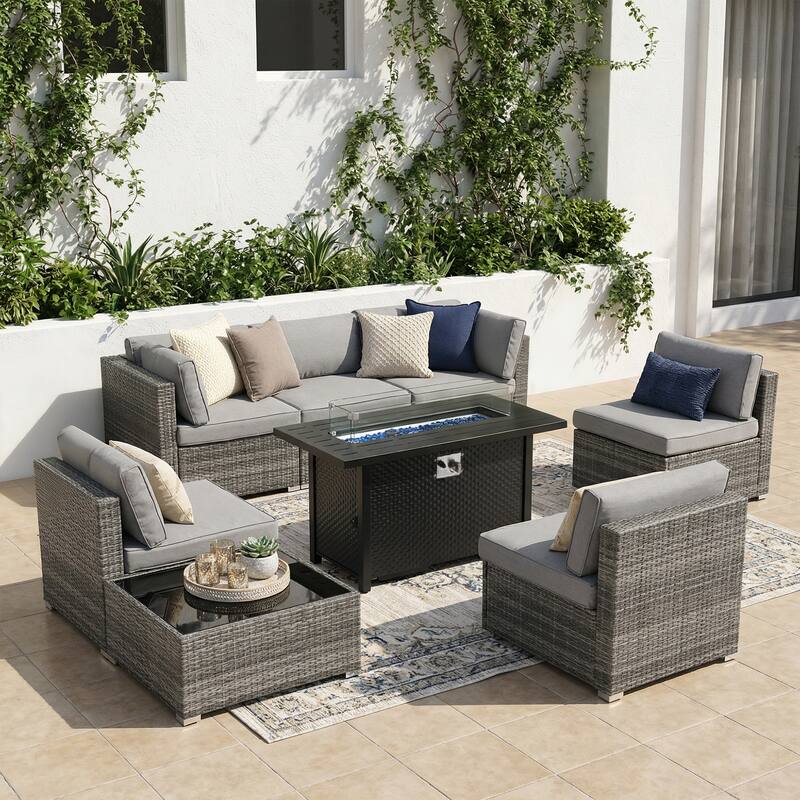 Outdoor Wicker Sectional Sofa 8-Piece Set with Fire Pit Table - Grey/Light Grey
