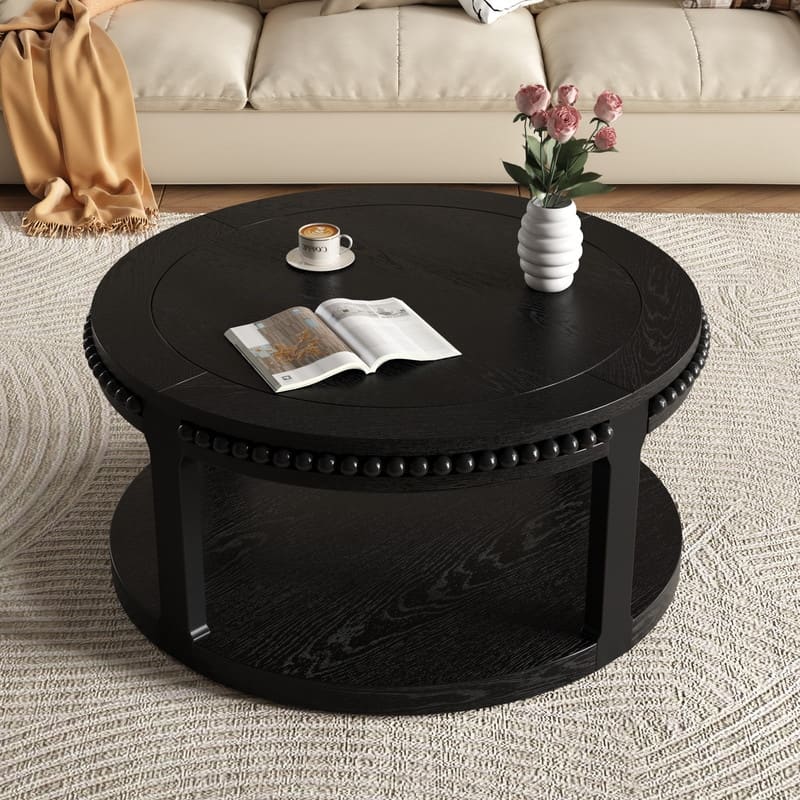 Round Solid Wood Coffee Table, Two-Tier Design with Sturdy Construction for Living Room Elegance - Walnut