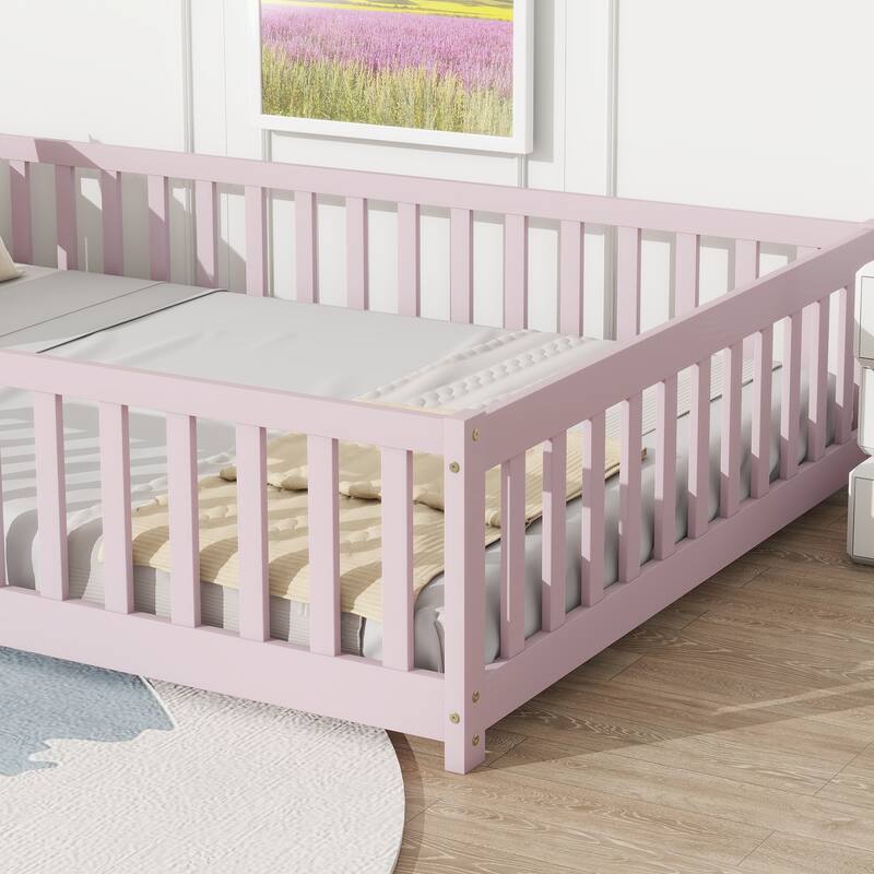 White Full Size Wooden Floor Bed with Fence & Door, Rubber, Safety Guardrails