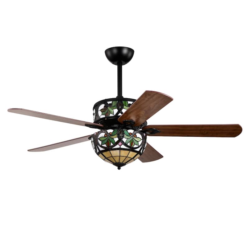 Temid 5-Blade Lighted Ceiling Fan 2-Tier Tiffany Style Glass