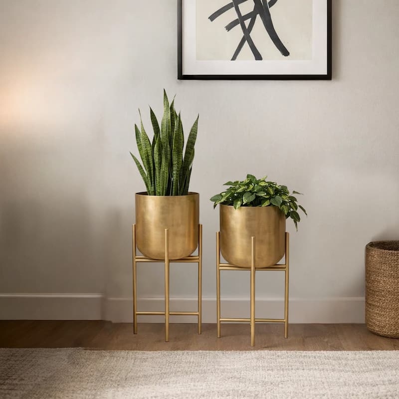 Aira Set of 2 Planters Foldable Metal Stand - Antique Brass - L: 11L x 11W x 22H, S: 10L x 10W x 19H in inches