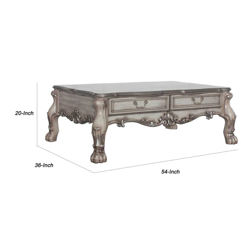 2 Drawers Wooden Coffee Table with Oversized Claw Legs, Antique Silver